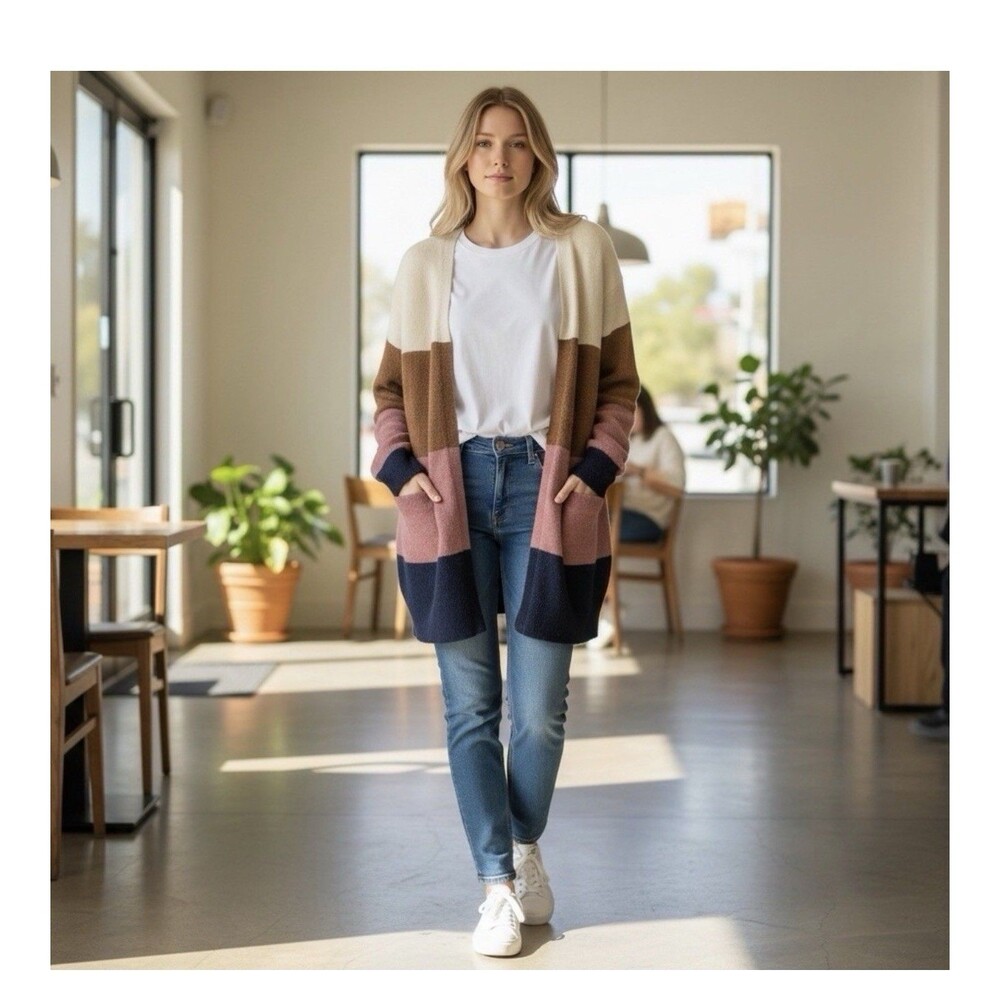 Madewell Women's Merino Wool Blend Open Colorblock Cardigan Duster Sweater Sz S